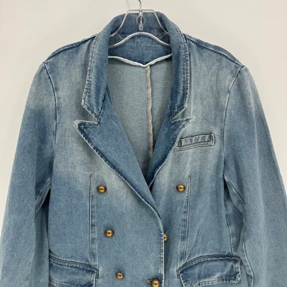 Denim Double Breasted Blazer Jacket Light Wash western Gold Buttons Women large - Picture 3 of 10
